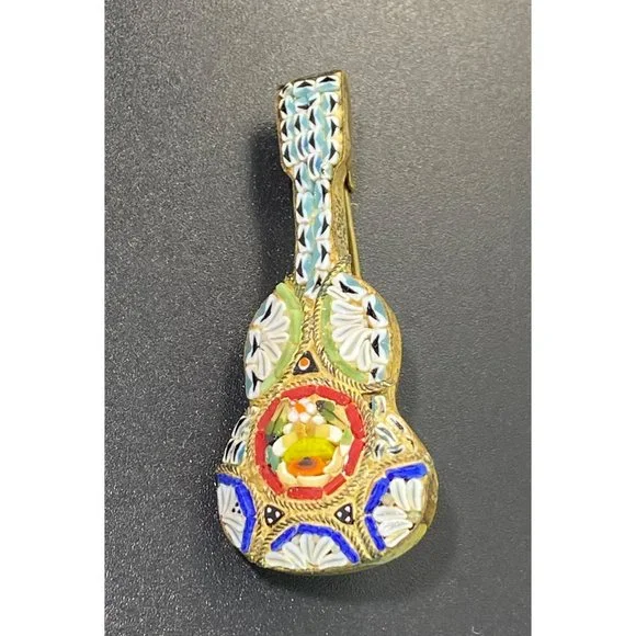 Vintage Micro Mosaic Guitar Brooch Pin Italy Gold Tone Instrument - Picture 2 of 7